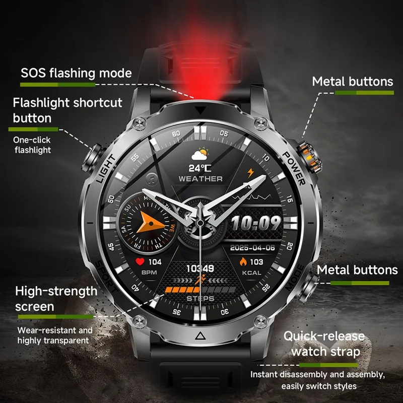 AK106 Silicone Strap Smart Watch Bluetooth-compatible Call Heart Rate Sleep Tracking LED Flashlight Health Monitor - Black