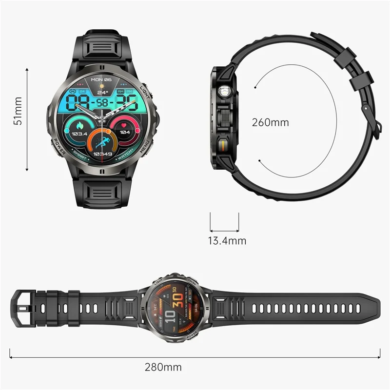 KT92 Smart Watch 1.7 Inch HD Display Bluetooth-compatible Call Encoder LED 1100mAh 3ATM Waterproof Health Monitor - Black
