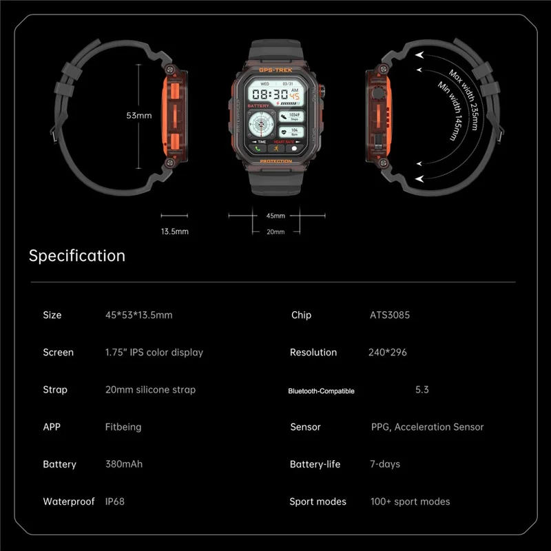 FT61 1.75 inch IPS GPS Smart Watch Bluetooth-compatible Calling Health Monitoring IP68 Waterproof - Black