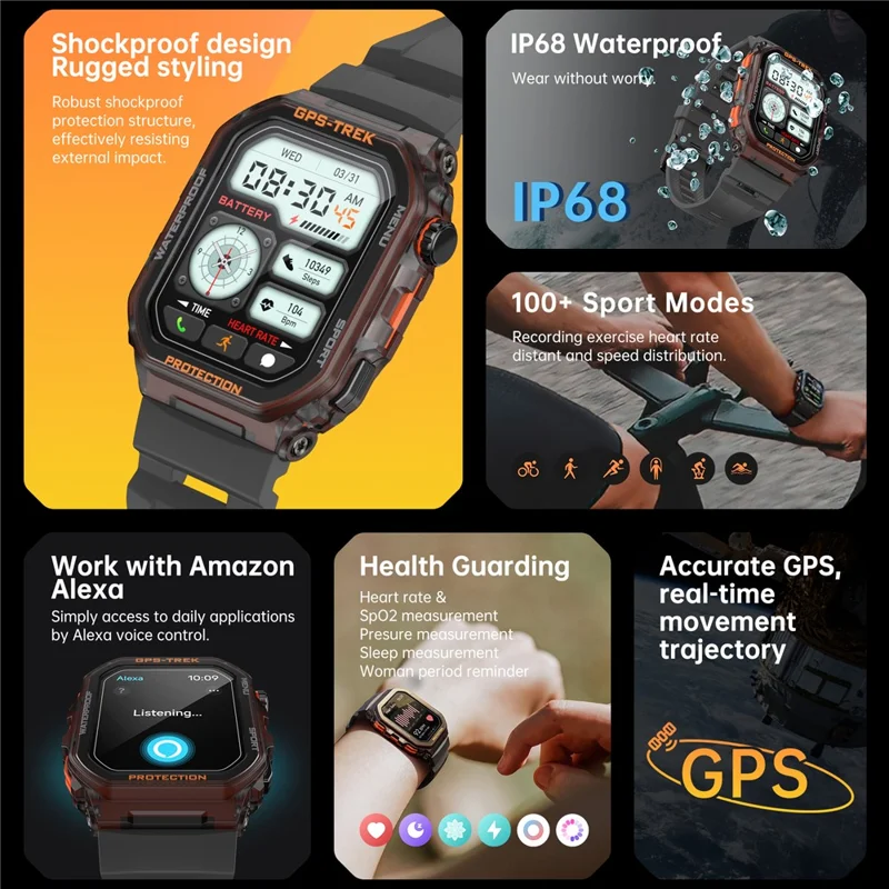 FT61 1.75 inch IPS GPS Smart Watch Bluetooth-compatible Calling Health Monitoring IP68 Waterproof - Black