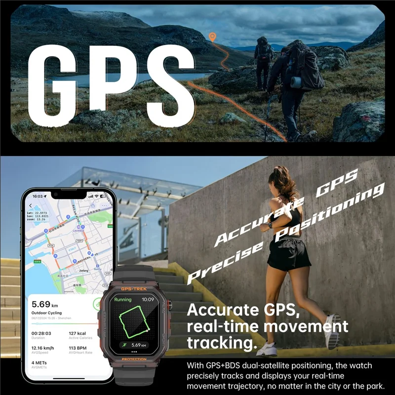 FT61 1.75 inch IPS GPS Smart Watch Bluetooth-compatible Calling Health Monitoring IP68 Waterproof - Black