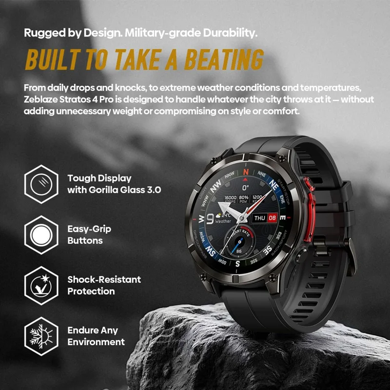 ZEBLAZE Stratos 4 Pro 1.43 inch AMOLED Smartwatch GPS Bluetooth-compatible Calling 5ATM Waterproof - Black