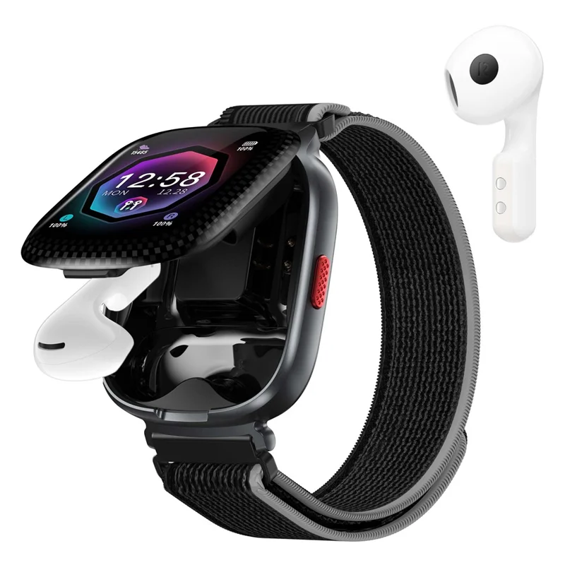 D22 2 in 1 Smart Watch Bluetooth-Compatible Earbuds 1.88 Inch Touch Screen AI Voice Assistant Real-Time Translation, Nylon Strap - Black