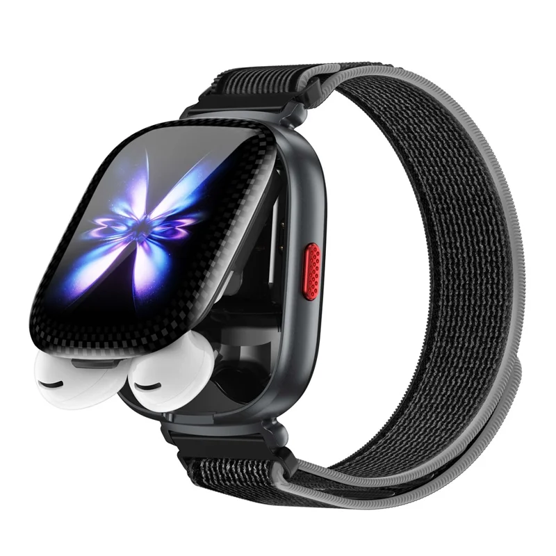D22 2 in 1 Smart Watch Bluetooth-Compatible Earbuds 1.88 Inch Touch Screen AI Voice Assistant Real-Time Translation, Nylon Strap - Black