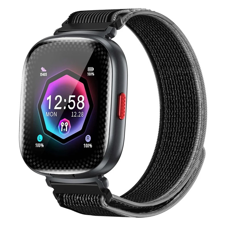 D22 2 in 1 Smart Watch Bluetooth-Compatible Earbuds 1.88 Inch Touch Screen AI Voice Assistant Real-Time Translation, Nylon Strap - Black