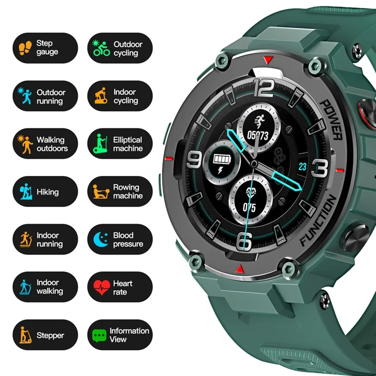 Reloj inteligente deportivo con Bluetooth, llamadas, fitness, IP68 resistente al agua, monitor de frecuencia cardíaca y presión arterial - Verde Militar 