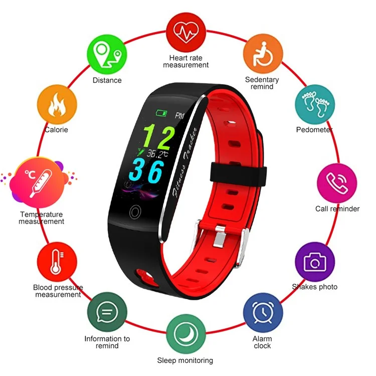 F10T Fitness Bracelet Intelligent Body Temperature Heart Rate Monitor Smart Watch - Black