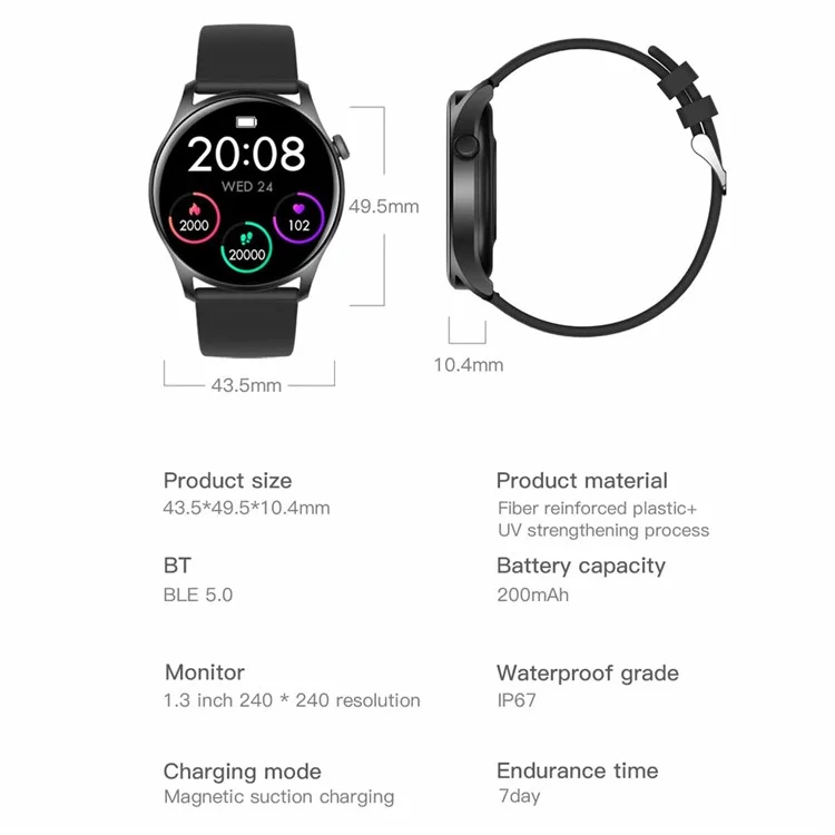 KC08 1.28 Pulgadas Pantalla IPS Táctil Completa Reloj Inteligente Multifuncional Resistente al Agua IP67 Ligero Reloj Deportivo con Monitoreo de Frecuencia Cardíaca/Presión Arterial/Oxígeno en Sangre - Negro