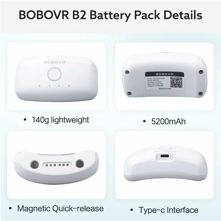 Bobovr B2 Battery Pack 5200mAh Pièce de Remplacement de Batterie Externe Pour Quest M2 Pro / Casque M3 Pro VR