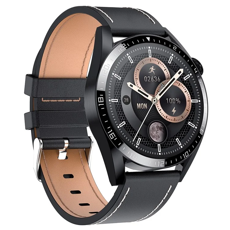 I39 1.28 Дюймовый Круглый Полный Сенсорный Экран Smart Watch Music Control Control Bluetooth Call Монитор Сердечных Сокращений Спортивная Наручная Чашка, Кожаный Ремешок - Чернить