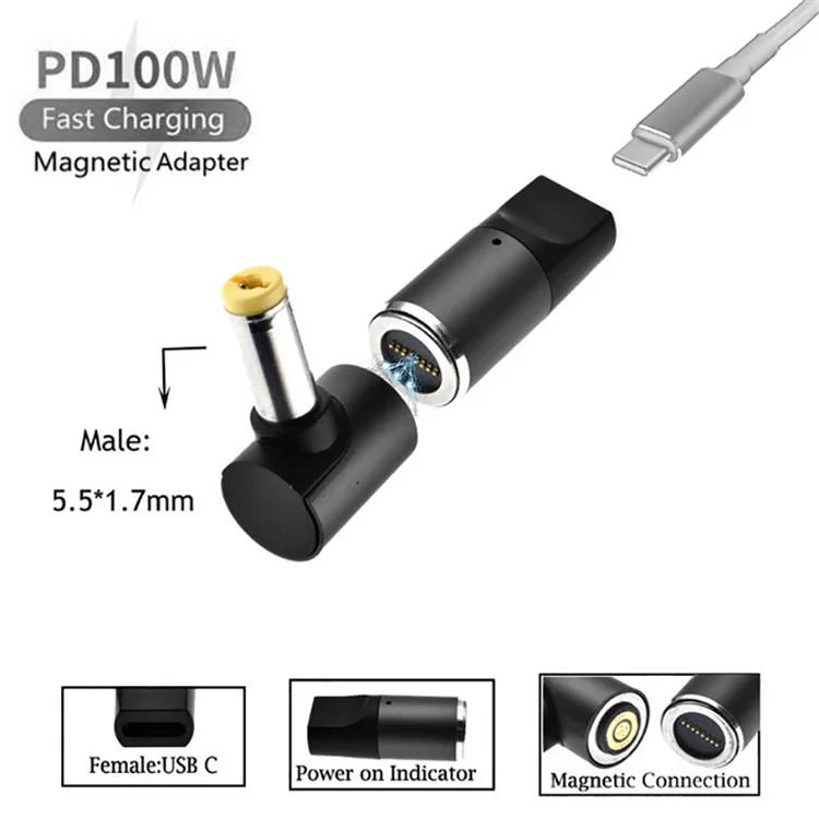 For Acer Laptop 100W Magnetic USB Type-C Female to 5.5mmx1.7mm Male PD Fast Charging Adapter