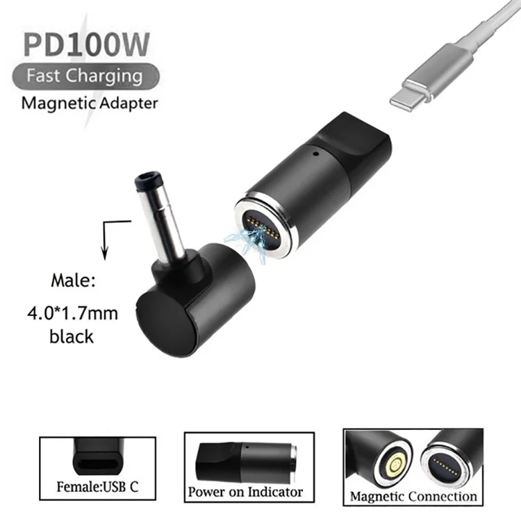 Per Lenovo Ideapad Laptop Charging Adapter 100W Magnetic Type-C Female to 4.0mmx1.7mm Male Fast Charging Converter
