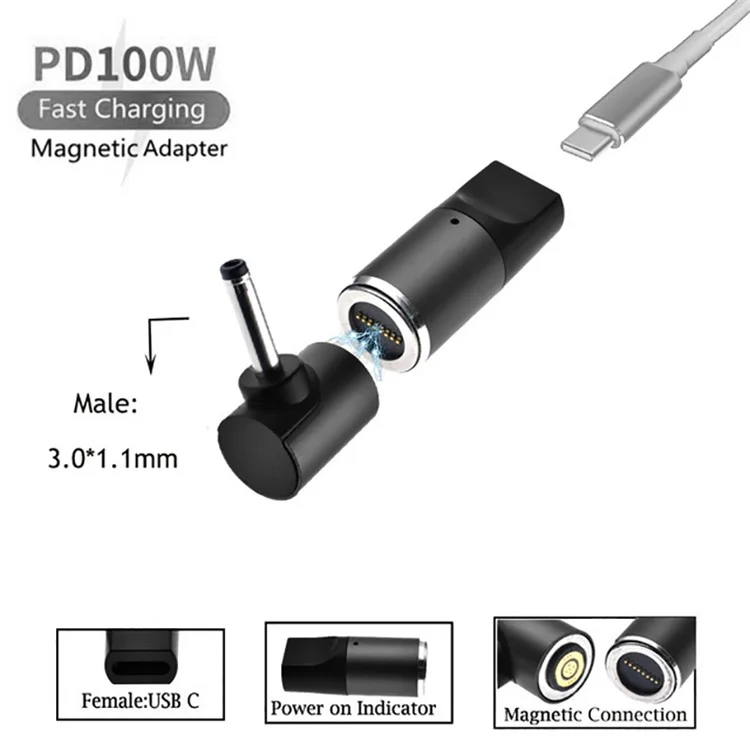 Per ASUS/Acer/LG/Samsung Laptop 100W Alimentatore Magnetico Tipo-C Femmina a 3.0mmx1.1mm Maschio Plug Fast Charging Converter