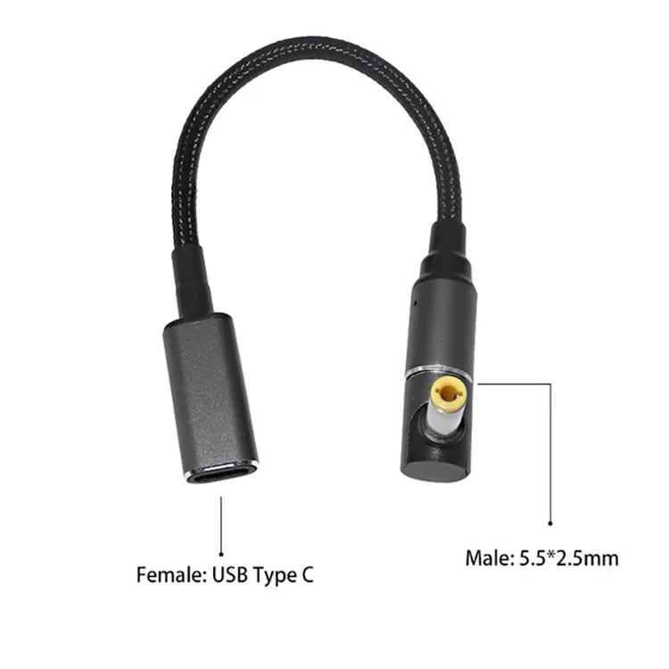 Pour Lenovo Asus Toshiba Chargeur d'ordinateur portable universel Câble convertisseur magnétique femelle USB Type-C vers 5,5 mm * 2,5 mm mâle Prise en charge de la charge rapide 100 W
