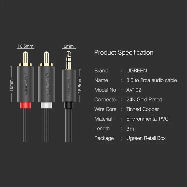 UGREEN 10512 3-Meter 3.5mm Male to 2RCA Male Stereo Audio Adapter Y Cord for Smartphones/Speakers/Tablets/HDTV/MP3 Players