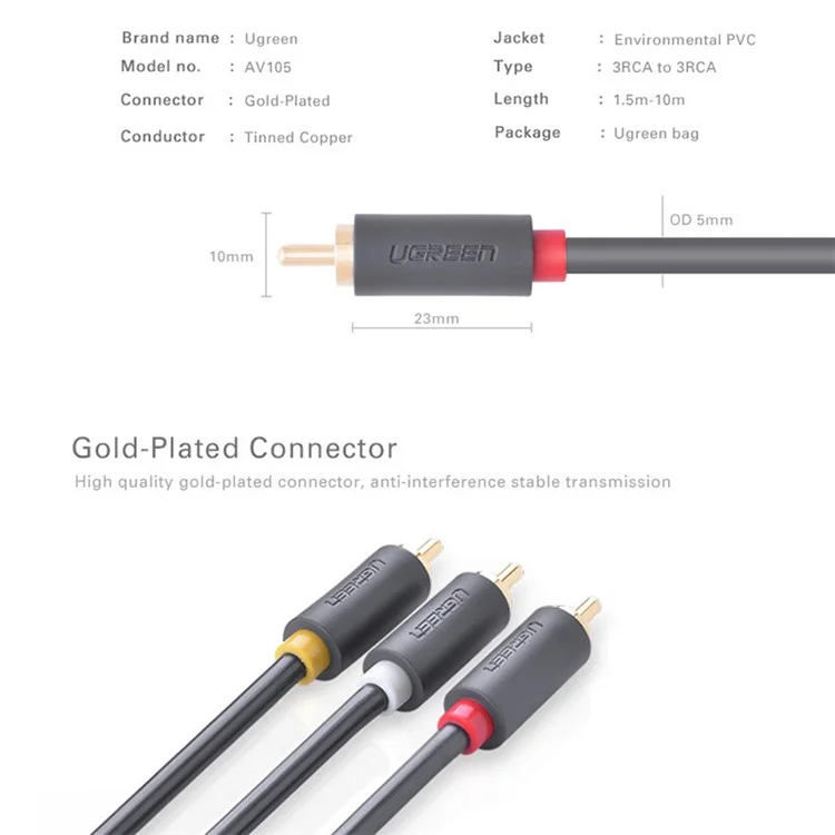 UGREEN 10524 1.5m 3 RCA Male to 3 RCA Male Stereo Audio Cable AUX Cord