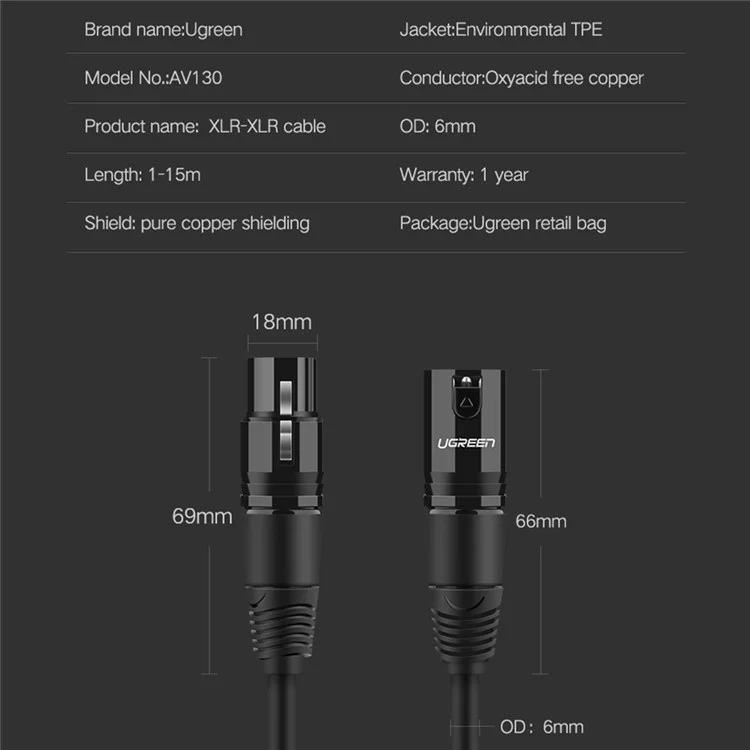 Ugreen 10m HiFi Sound XLR Male Para Fêmea Cabo Para Fêmea Para Amplificadores de Áudio Cabo de Extensão de Microfone de Plugue de Plugue de Áudio