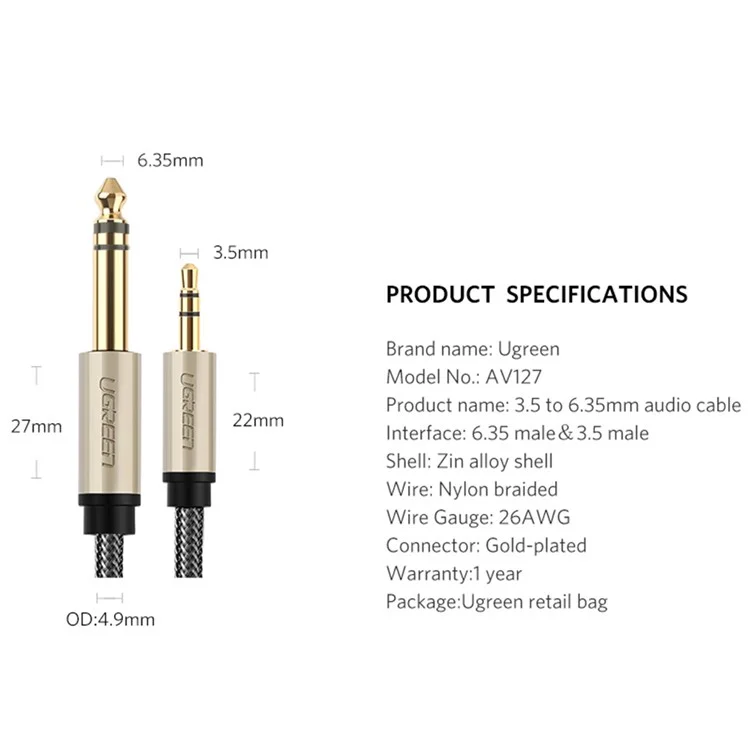 UGREEN 40802 1 Meter 3.5 mm 1/8" TRS auf 6.35 mm 1/4" TS genähter Audioadapterkabel für Mobiltelefone/Verstärker/Heimkino
