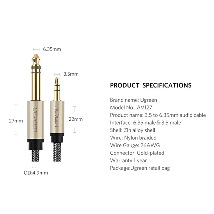 UGREEN 40806 5-Meter 3.5mm TRS (1/8 inch) to 6.35mm TS (1/4 inch) Male Straight Jack Stereo Audio Adapter Cable for Cellphones/Amplifiers/Home Theater