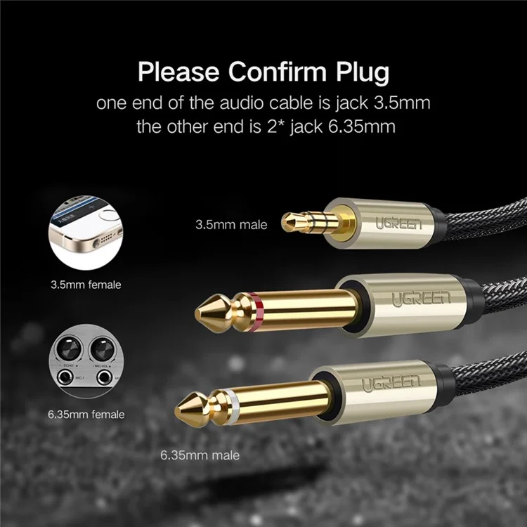 Ugreen 40791 1,5-Meter 3,5 Mm 1/8 "männlich TTs Bis 2 X 6,35mm 1/4" Männliche TS-Stereo-Audiokabel Y Splitter Für Zellphones / Verstärker / Heimkino