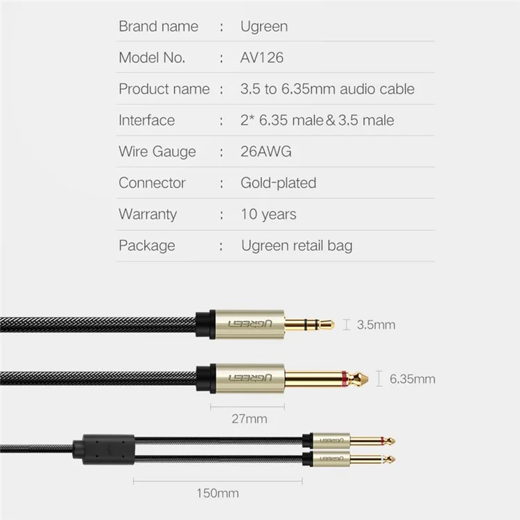 Ugreen 40791 1,5-Meter 3,5 Mm 1/8 "männlich TTs Bis 2 X 6,35mm 1/4" Männliche TS-Stereo-Audiokabel Y Splitter Für Zellphones / Verstärker / Heimkino