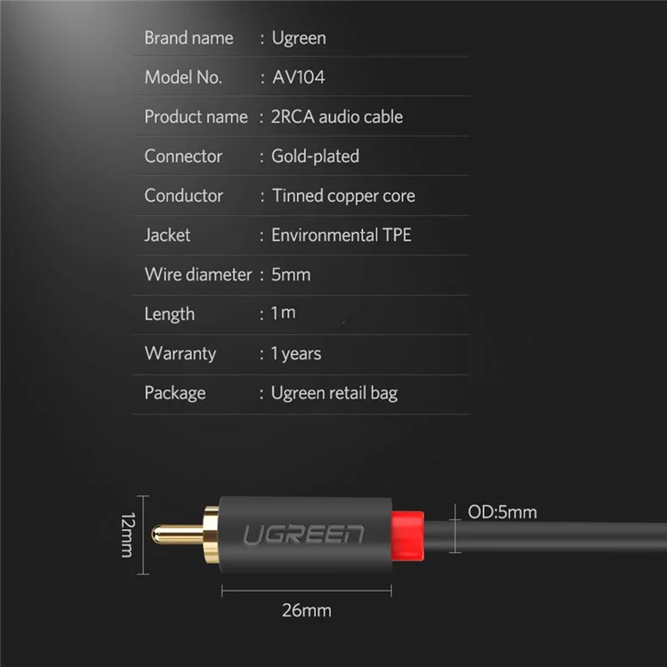 UGREEN 1m RCA Cable 2RCA to 2 RCA Male to Male Audio Cable for Home Theater DVD TV Amplifier CD Soundbox