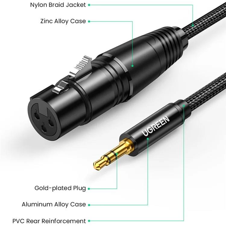 UGREEN Câble audio 3.5mm mâle vers XLR 3 broches femelle de 2 m, tressé en nylon, pour microphone, haut-parleurs, consoles de mixage, amplificateur
