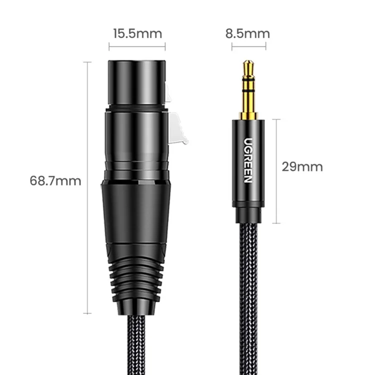 UGREEN Câble audio 3.5mm mâle vers XLR 3 broches femelle de 2 m, tressé en nylon, pour microphone, haut-parleurs, consoles de mixage, amplificateur