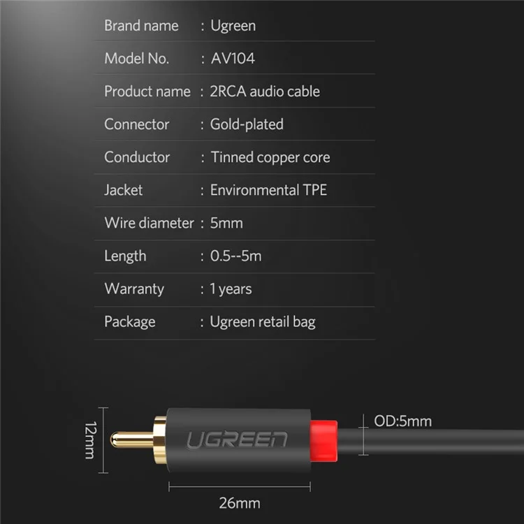 UGREEN 3m 2RCA à 2 RCA Mal à Masculin Double Shielding Câble Audio Pour Home Theatre DVD TV Amplificateur CD Soundbox