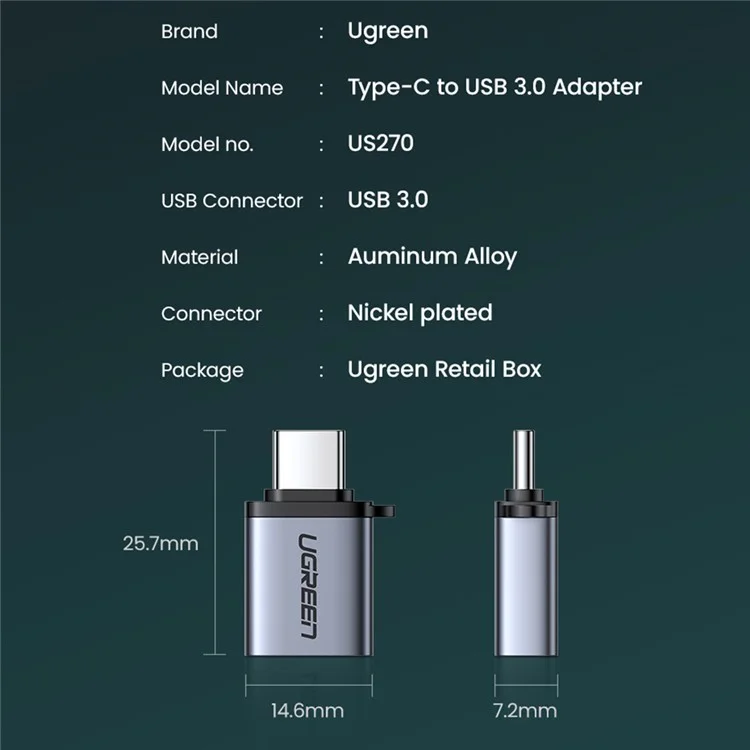 Ugreen US270 Type-C Male a USB3.0 Adaptador de Aluminio Mini Converter USB-C Con Cordón - Gris