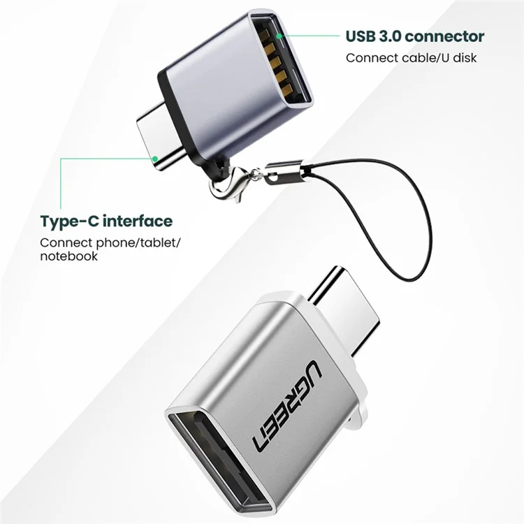 Ugreen US270 Type-C Мужчина в USB3.0 Адаптер Алюминиевая Оболочка Мини-конвертер USB-C с Lanyard - Серый