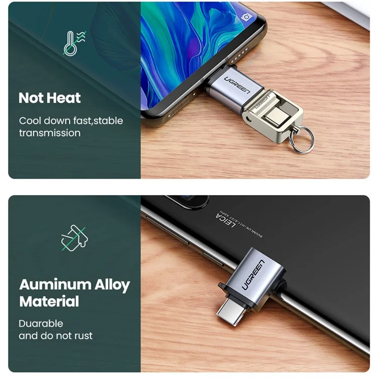 Ugreen US270 Type-C Мужчина в USB3.0 Адаптер Алюминиевая Оболочка Мини-конвертер USB-C с Lanyard - Серый