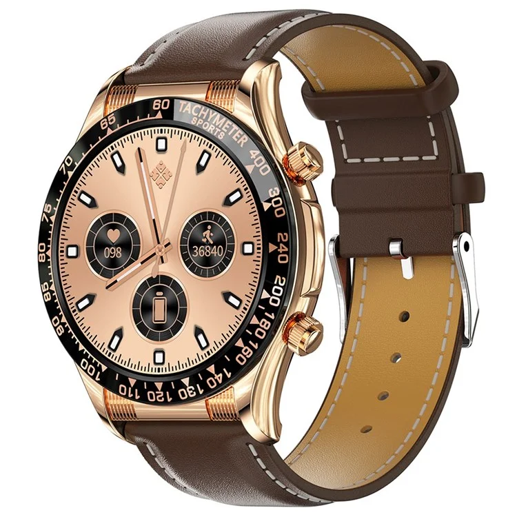 E18PRO NFC Smart Watch, 1.32 inch Screen Waterproof Bluetooth-compatible Calling Heart Rate Smart Bracelet (Leather Strap) - Gold