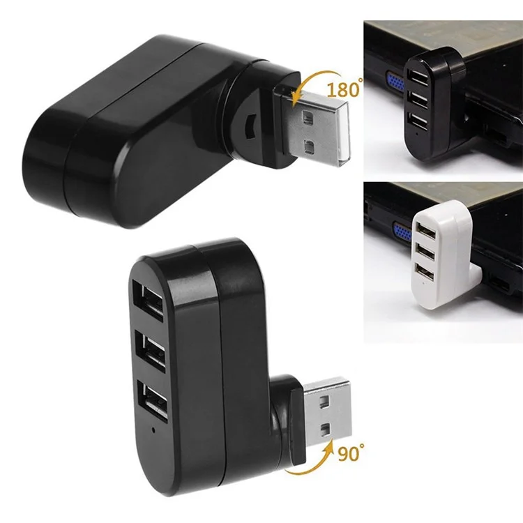 Universal Mini Rotatable 3 Port USB 3.0 Hub High Speed Data Transfer Adapter USB Expander - Black