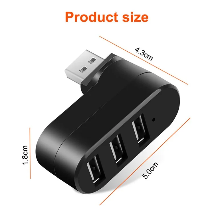 Universal Mini Rotatable 3 Port USB 3.0 Hub High Speed Data Transfer Adapter USB Expander - Negro