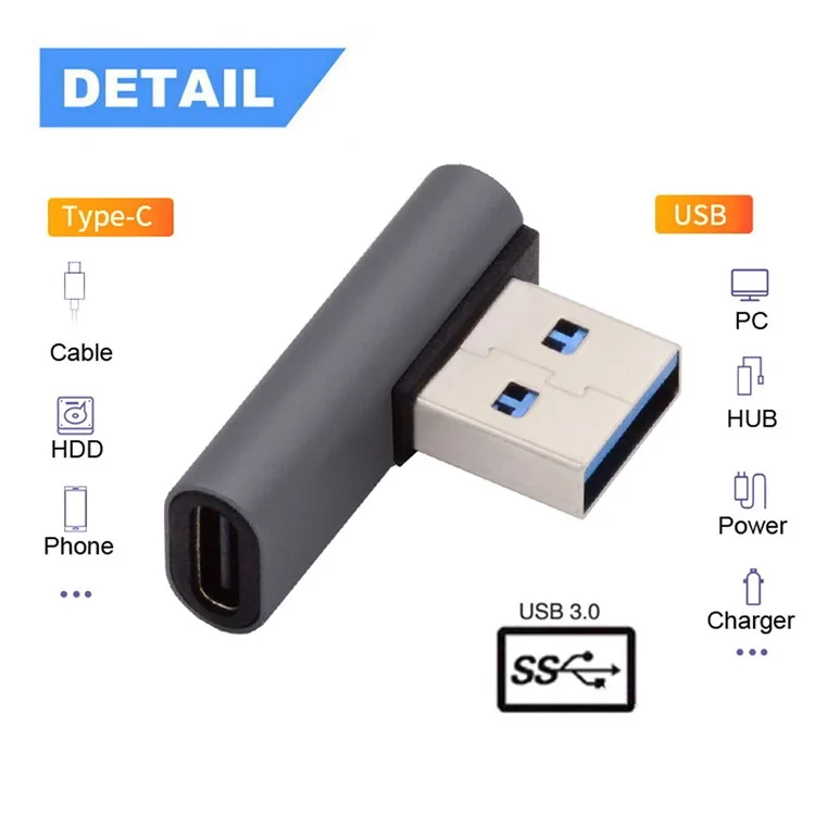 UC-067-LP Type-C Female 90 Degrees Left Angled to USB 3.0 Type-A Male Data Adapter for Laptop Desktop PC