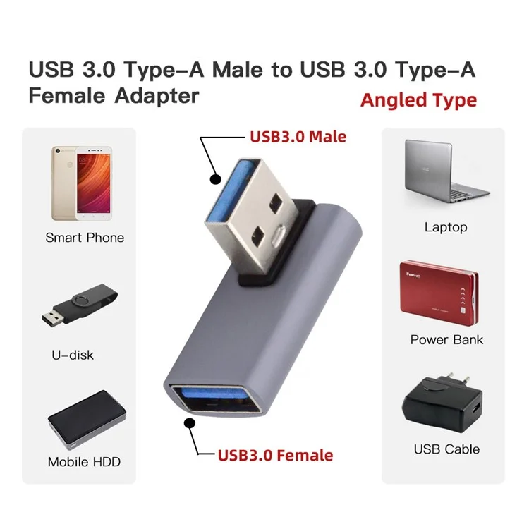 Adaptateur d'alimentation et de transfert de données USB3.0 mâle vers femelle U3-018-LP 10 Gbps, connecteur incliné à 90 degrés sur le côté gauche