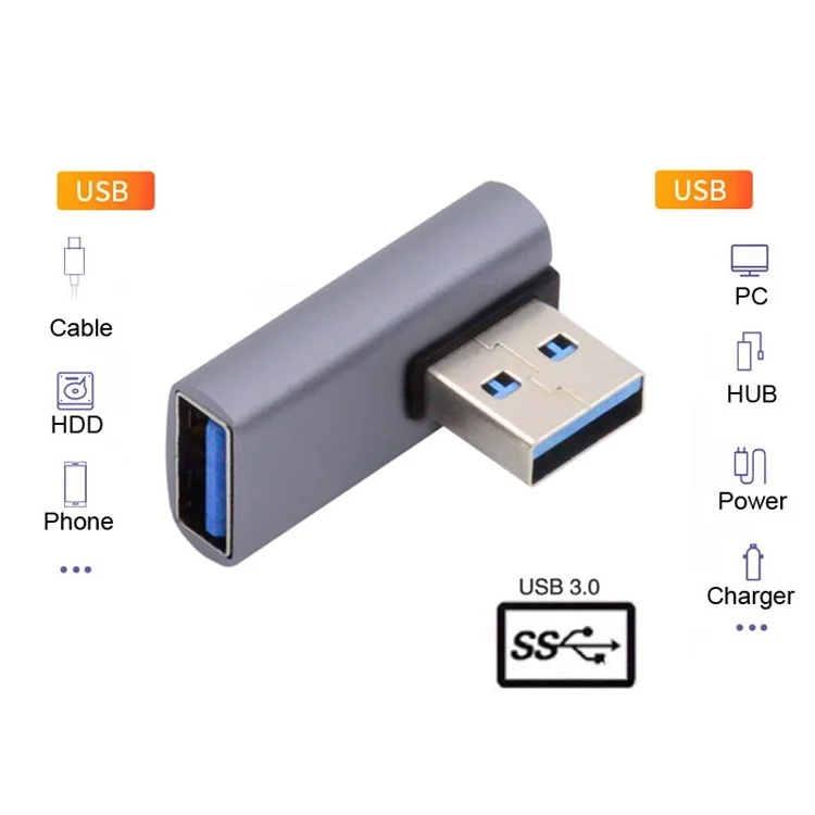 Adaptateur d'alimentation et de transfert de données USB3.0 mâle vers femelle U3-018-LP 10 Gbps, connecteur incliné à 90 degrés sur le côté gauche