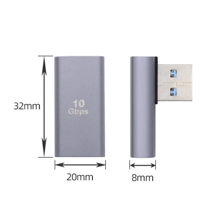 Adaptateur d'alimentation et de transfert de données USB3.0 mâle vers femelle U3-018-LP 10 Gbps, connecteur incliné à 90 degrés sur le côté gauche