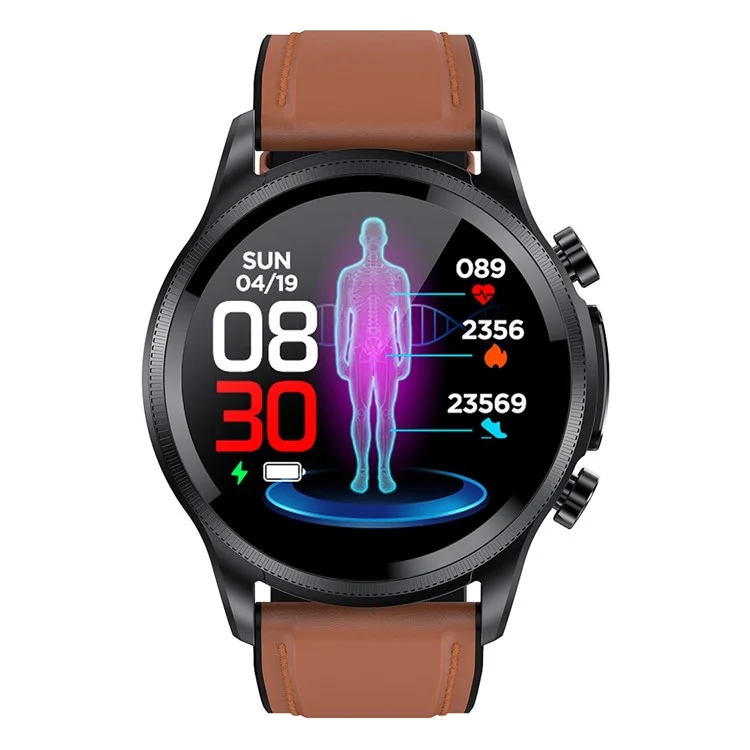 E400 1,39 Polegada Relógio Inteligente IP68 Pulseira Esportiva à Prova D'água ECG+PPG Health Watch Com Temperatura Corporal e Monitoramento de Oxigênio no Sangue (cinta de Couro) - Castanho