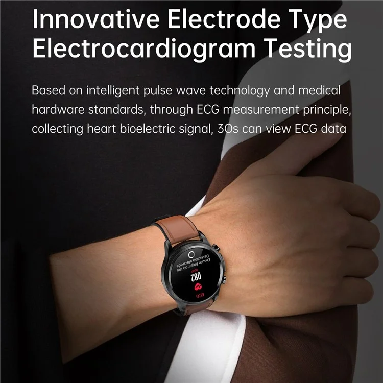 E400 1,39 Дюйма Smart Watch IP68 Водонепроницаемый Браслет ECG+PPG Health Watch с Температурой Тела и Мониторингом Кислорода в Крови (кожаный Ремешок) - Коричневый