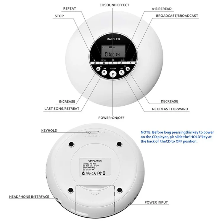 Maleleo KC-706 Rounds Round CD Player Battery Music Player Player Walkman Discman Con Conector de 3.5 mm