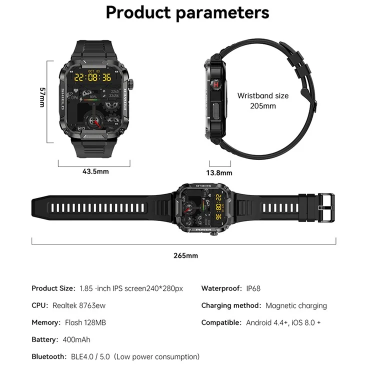MK66 Smart Sports Bracelet 1.85" IPS Screen Smart Watch IP68 Waterproof Fitness Watch with Heart Rate Monitoring, Weather Forecast - Yellow