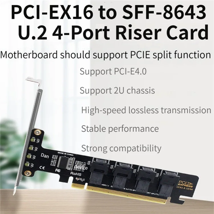 U2 PCIE 4.0 to 4 Ports U.2 NVME SFF-8643 Expansion Card Mainboard SSD Adapter