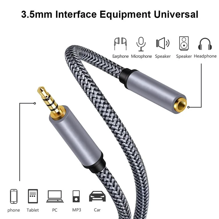 Cavo audio maschio-femmina da 2m 3,5 mm con connettore placcato in oro 24K HiFi Stereo Aux TRRS Cavo di estensione audio per microfono, altoparlante e cuffia