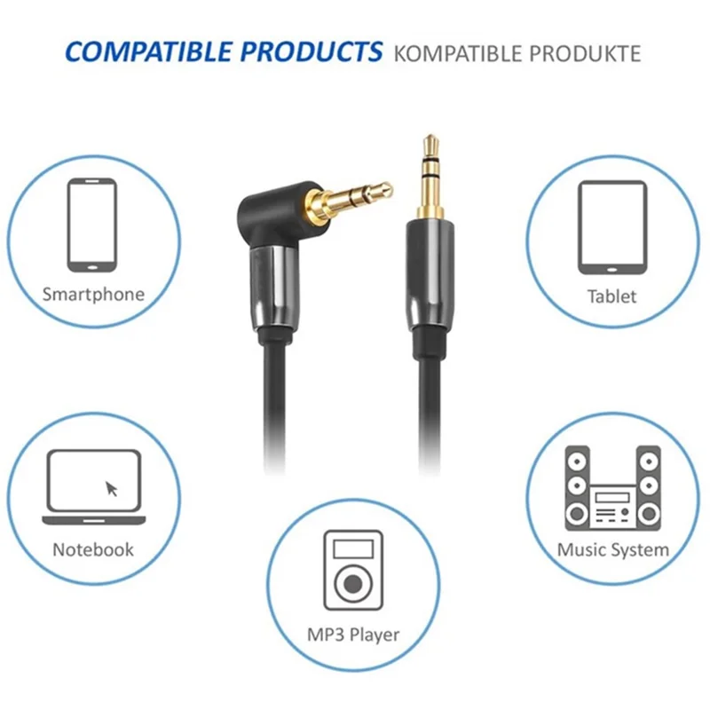 10m Audio Male to Male Cable L-Shaped Angled Car Stereo 3.5mm AUX Extension Cord for Cell Phones, Speakers