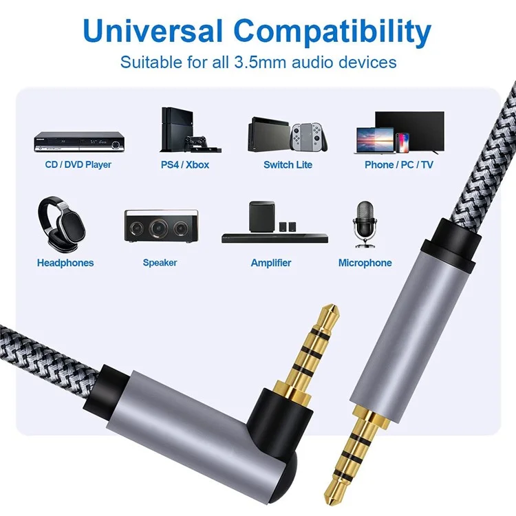 2m 3.5mm Male to Male Elbow Audio Aux Cable HiFi Stereo Right Angle TRRS Braided Extension Cord
