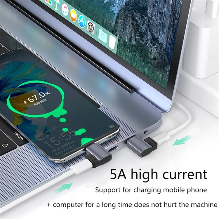 Магнитный USB-C адаптер с наклонным дизайном, 11-контактный мини-адаптер Type-C, поддерживающий PD 100 Вт 5A быстрая зарядка, скорость передачи данных 480 Мбит/с для ноутбуков MacBook