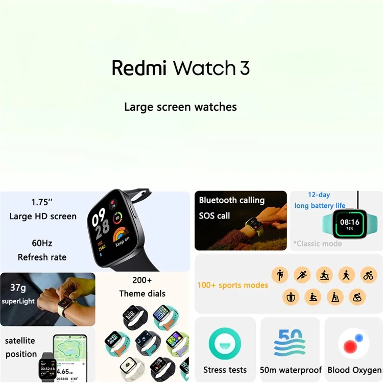 XIAOMI Redmi Watch 3 AMOLED Screen 1.75" Bluetooth Call Smart Watch 5ATM Waterproof Fitness Bracelet - Black