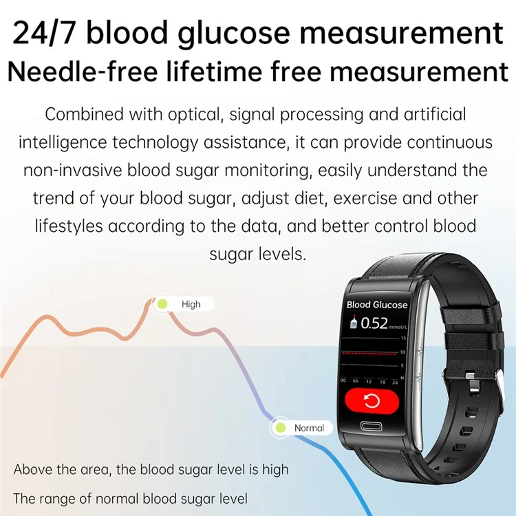 E600 1,47-Zoll-HD-Smartwatch mit Blutglukose-/Sauerstoff-/Druck-Herzfrequenzüberwachung, wasserdicht, Sportarmband mit Silikonarmband - Blau